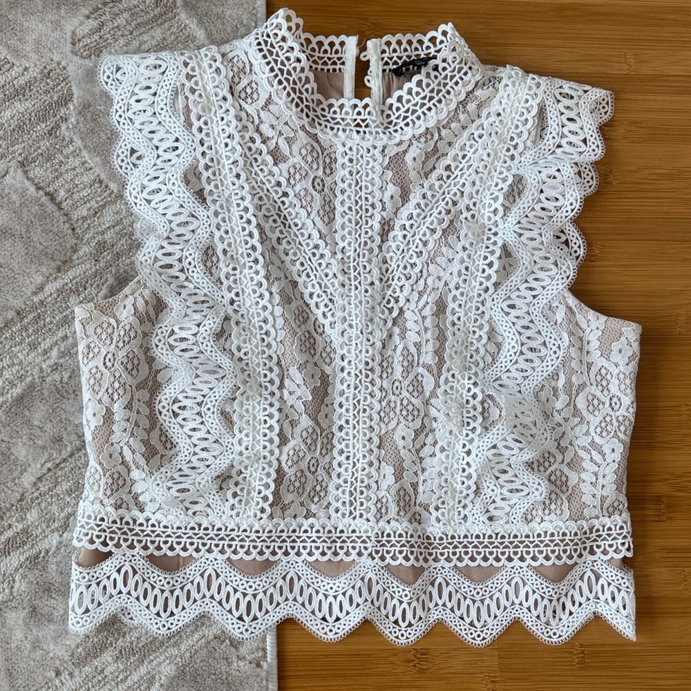 Lucy Paris White Lace Ruffle Blouse